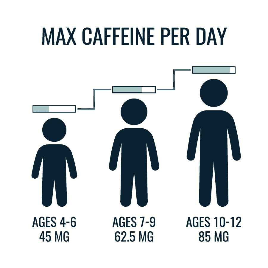 Three child figures of increasing height labeled ages 4 to 6 at 45 milligrams, ages 7 to 9 at 62.5 milligrams, and ages 10 to 12 at 85 milligrams maximum caffeine per day.