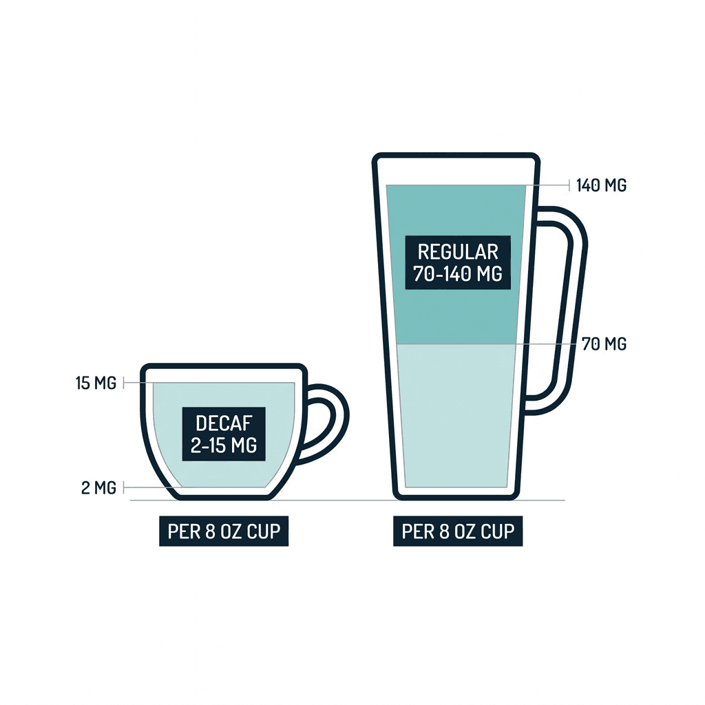 A cup of decaf coffee with a check mark and a calendar showing one day circled, labeled occasional small cup, not a daily drink.