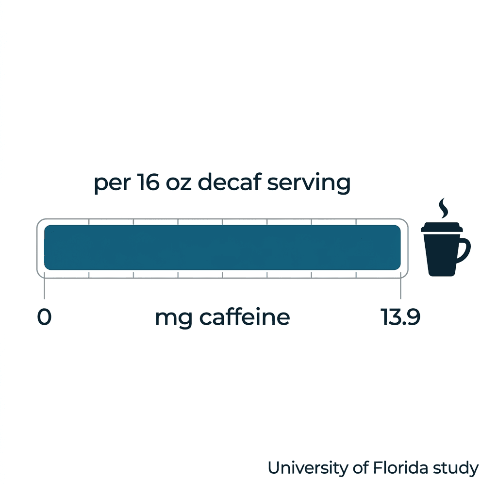 Bar gauge showing decaf coffee contains 0 to 13.9 milligrams of caffeine per 16 ounce serving, per the University of Florida study.