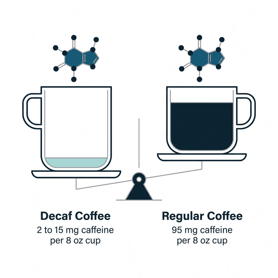 A balance scale comparing a decaf coffee cup holding 2 to 15 milligrams of caffeine against a regular coffee cup holding 95 milligrams of caffeine per 8-ounce cup.