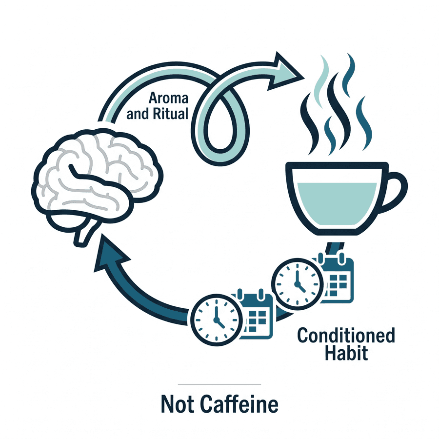 A loop diagram connecting a brain to a steaming coffee cup by way of aroma and ritual, then back through repeated clock and calendar icons labeled conditioned habit, not caffeine.
