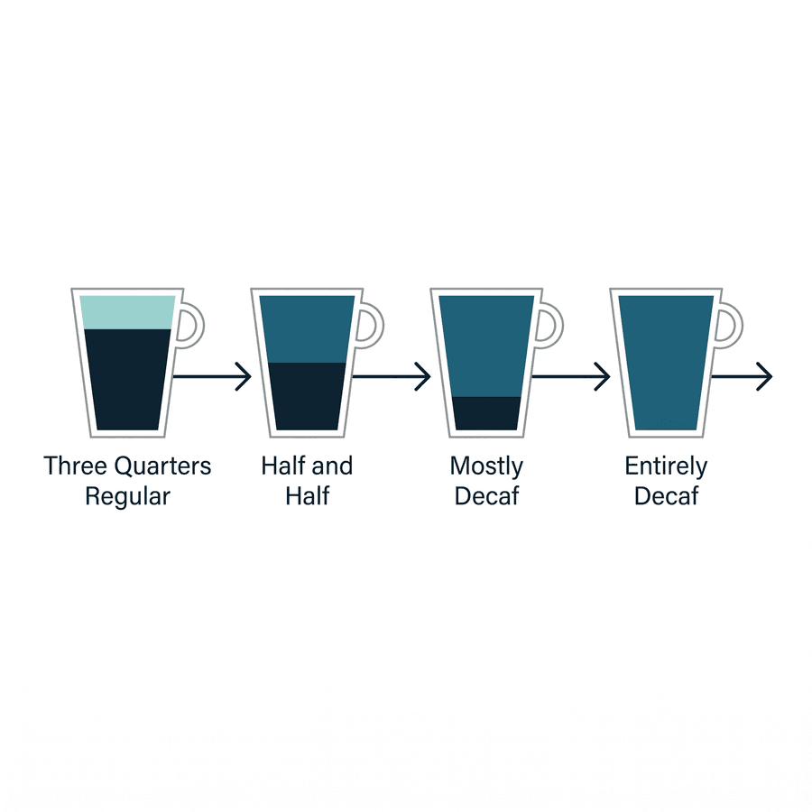 Four coffee cups in a row showing a gradual taper from three-quarters regular, to half and half, to mostly decaf, to entirely decaf.