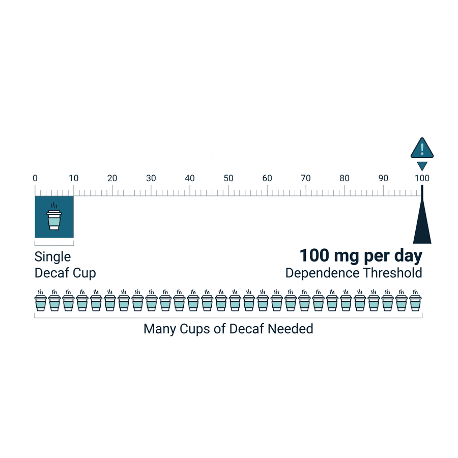 A 0 to 100 scale showing a single decaf cup near the low end and a warning marker at the 100 milligram per day dependence threshold, with a row of cup icons marked many cups of decaf needed.