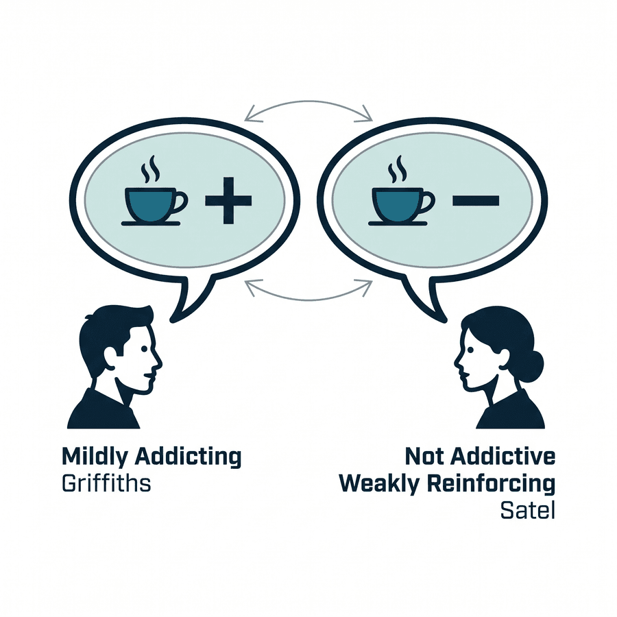 Two researchers in speech bubbles disagreeing about coffee, one labeled Mildly Addicting Griffiths with a plus sign and one labeled Not Addictive Weakly Reinforcing Satel with a minus sign.