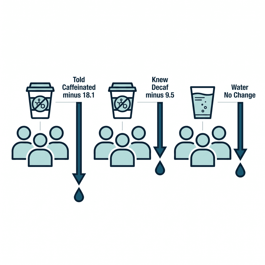 Three groups of participants compared: told caffeinated dropped 18.1 points, knew decaf dropped 9.5 points, and water showed no change in caffeine withdrawal symptom scores.