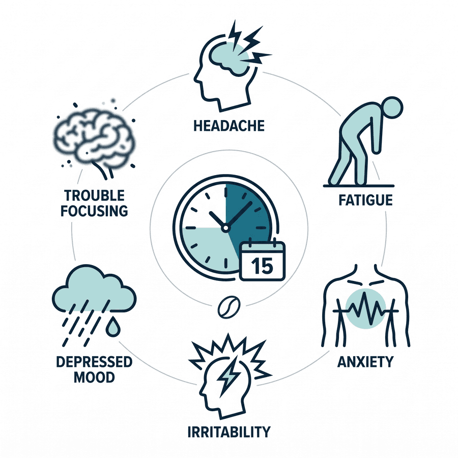 A circle of six caffeine withdrawal symptoms around a clock marked 15, showing headache, fatigue, anxiety, irritability, depressed mood, and trouble focusing.