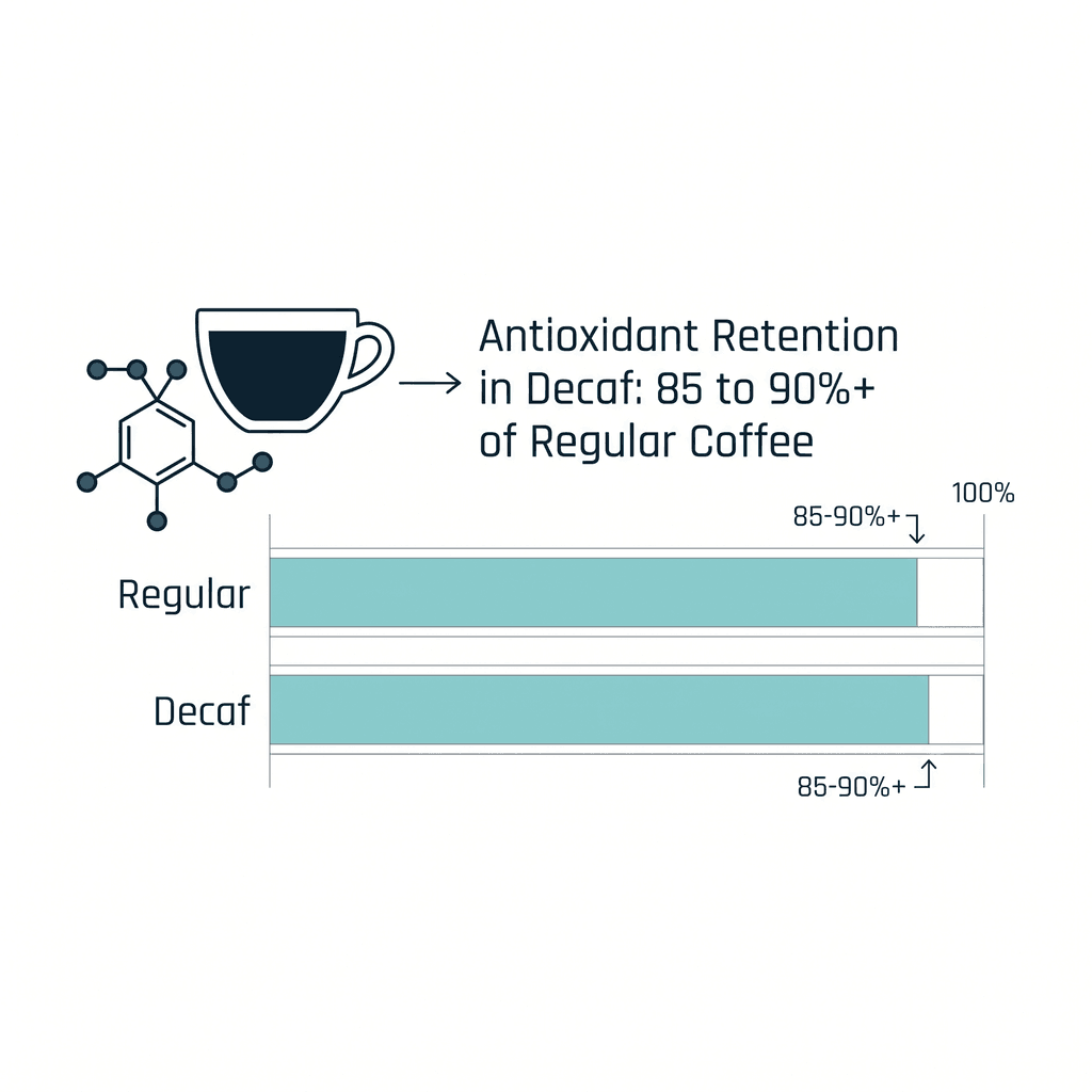 A bar chart comparing antioxidant retention in regular versus decaf coffee, showing decaf retains 85 to 90 percent or more of regular coffee's chlorogenic acid and polyphenol levels.