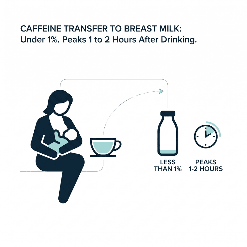 A nursing mother next to a coffee cup with a dotted arrow to a milk bottle, labeled with caffeine transfer to breast milk at under 1 percent, peaking 1 to 2 hours after drinking.