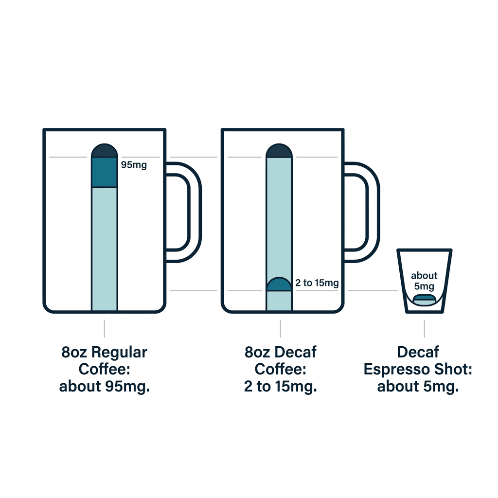 Three coffee cups compared by caffeine content: an 8oz regular coffee at about 95mg, an 8oz decaf coffee at 2 to 15mg, and a decaf espresso shot at about 5mg.