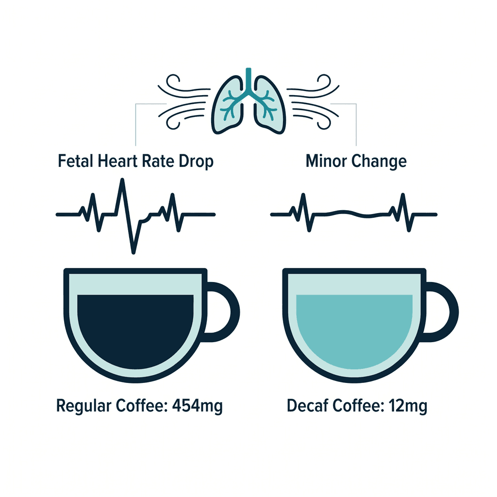Two coffee cups compared by fetal effect: regular coffee at 454mg linked to a fetal heart rate drop, and decaf coffee at 12mg linked to only a minor change, with a lungs icon representing the fetal breathing activity both raised.