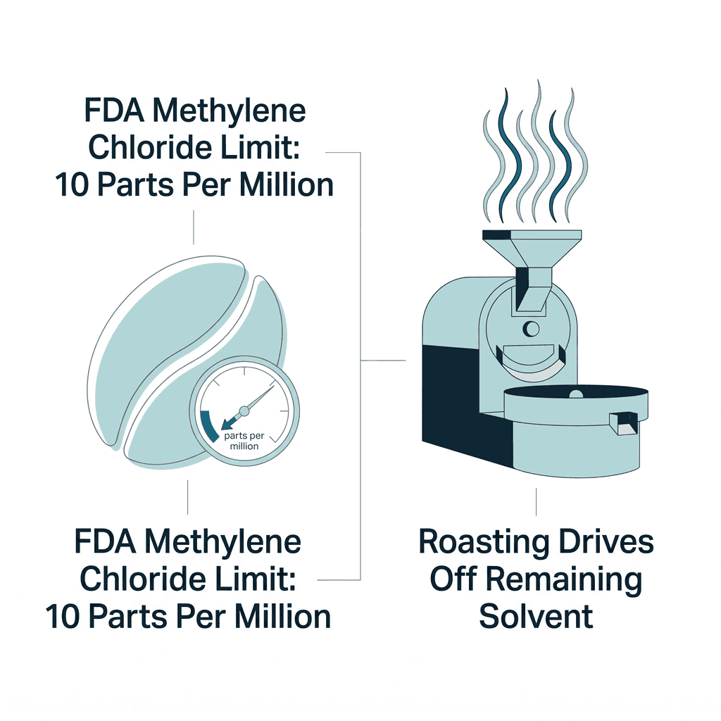 A coffee bean with a gauge showing a low parts-per-million reading next to a roaster releasing steam, labeled with the FDA methylene chloride residue limit of 10 parts per million and roasting driving off remaining solvent.