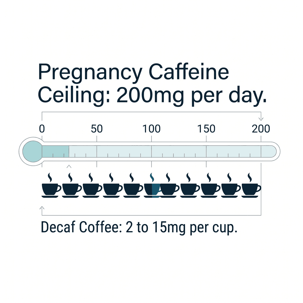 A thermometer-style scale marked 0 to 200mg showing the pregnancy caffeine ceiling of 200mg per day, with a row of coffee cups showing roughly a dozen decaf cups fitting under that ceiling.