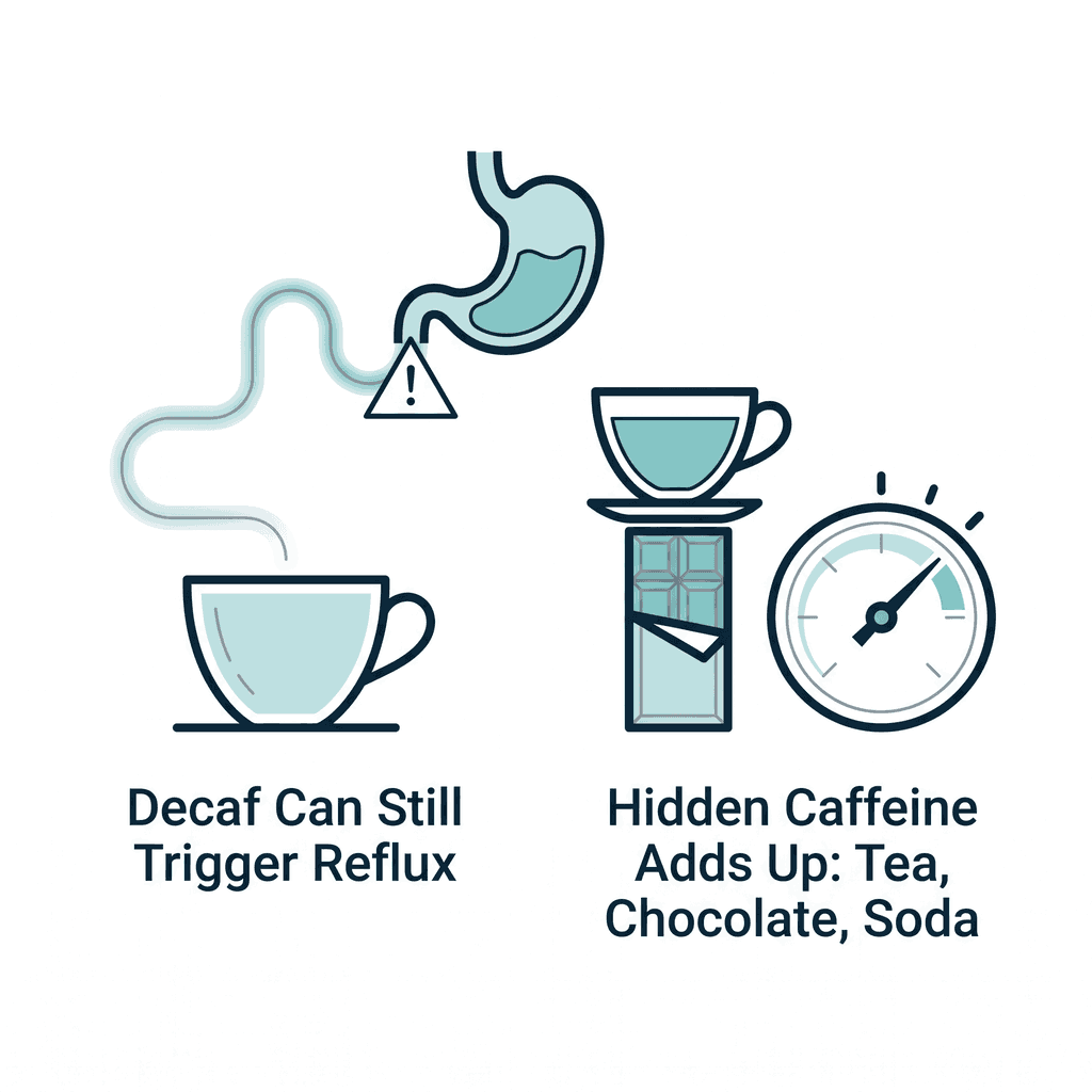 A diagram showing decaf coffee's acidity connecting to a stomach with a warning icon for reflux, alongside a tea cup and chocolate bar next to a caffeine counter dial representing hidden caffeine adding up.