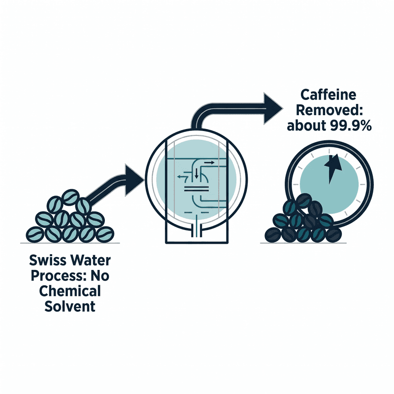 A three-step process diagram showing green coffee beans entering a filtration tank with no chemical solvent, becoming roasted decaf beans with about 99.9 percent of the caffeine removed.