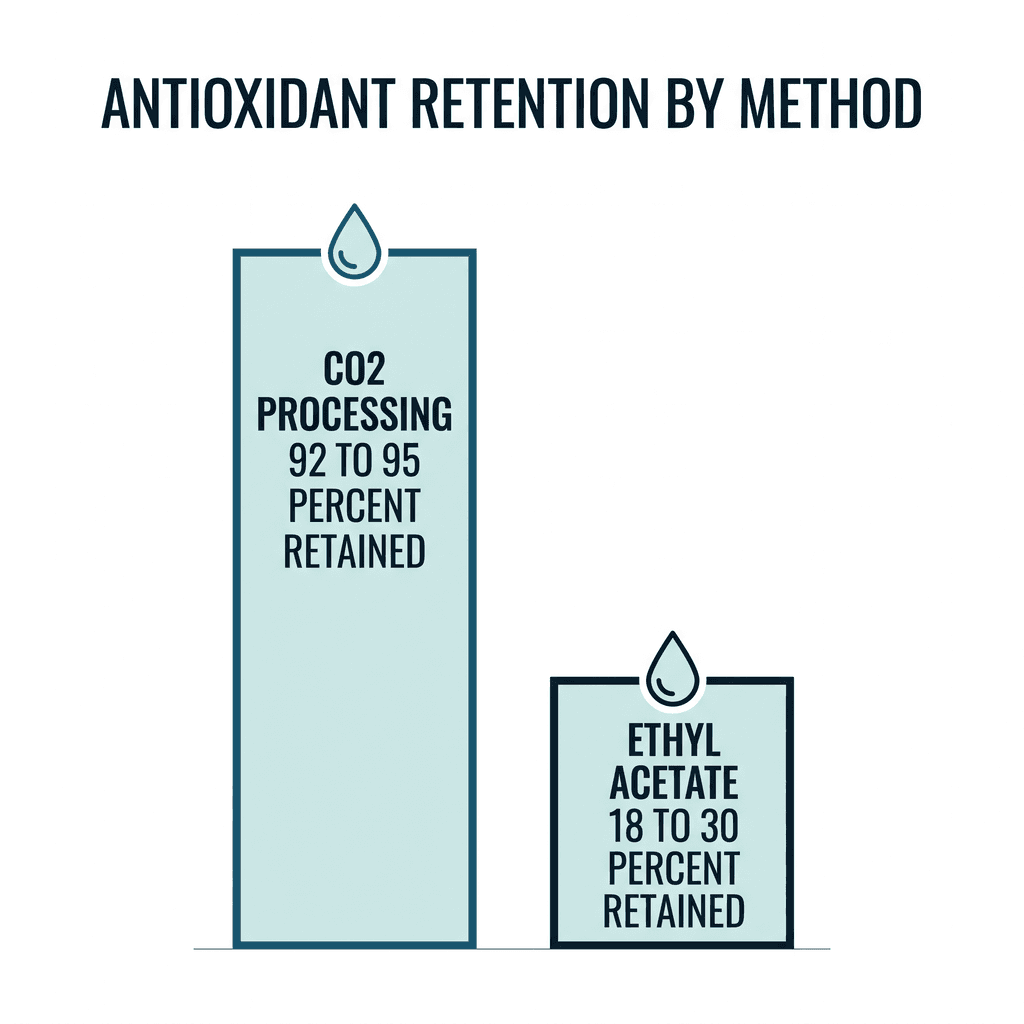 Bar chart comparing antioxidant retention by decaffeination method: CO2 processing retains 92 to 95 percent, ethyl acetate retains only 18 to 30 percent.