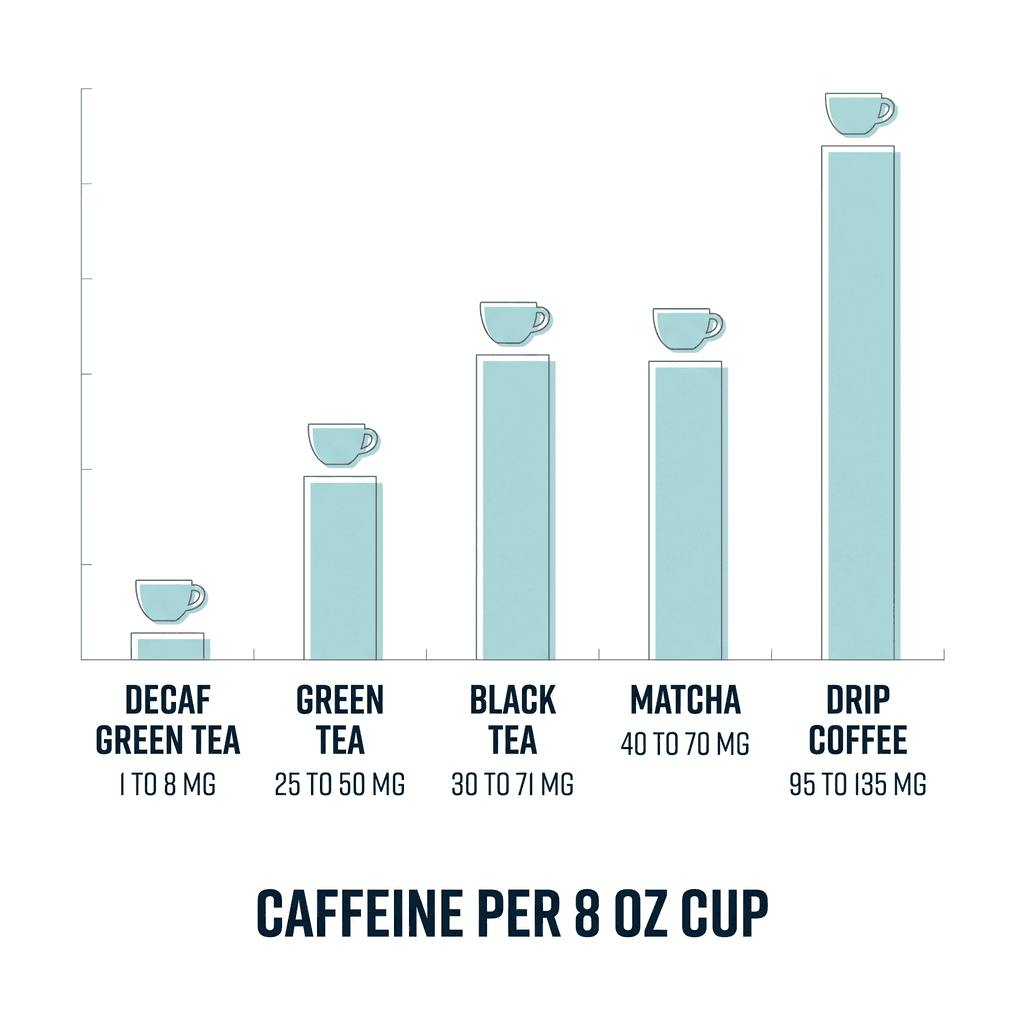 Bar chart comparing caffeine per 8 ounce cup: decaf green tea 1 to 8 mg, green tea 25 to 50 mg, black tea 30 to 71 mg, matcha 40 to 70 mg, and drip coffee 95 to 135 mg.