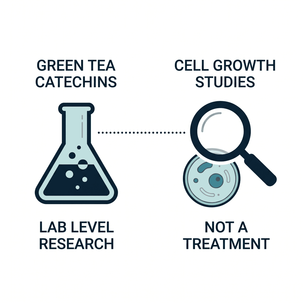 Diagram showing green tea catechins studied at the lab level for cell growth effects, connected to a magnifying glass over a cell, labeled not a treatment.