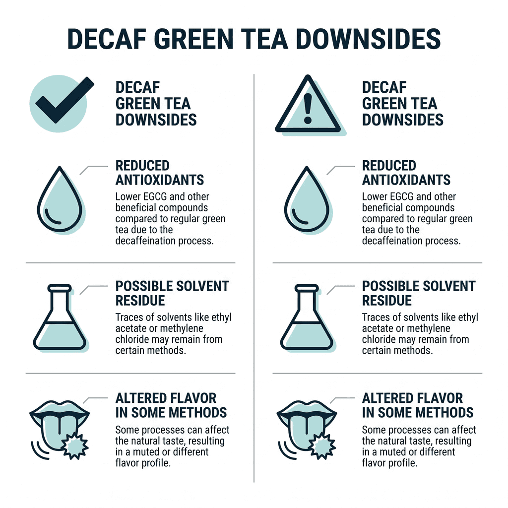 Two column comparison diagram of decaf green tea downsides: reduced antioxidants and possible solvent residue or altered flavor in some decaffeination methods.