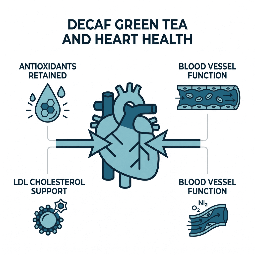 Diagram showing decaf green tea's retained antioxidants supporting heart health through LDL cholesterol support and blood vessel function.