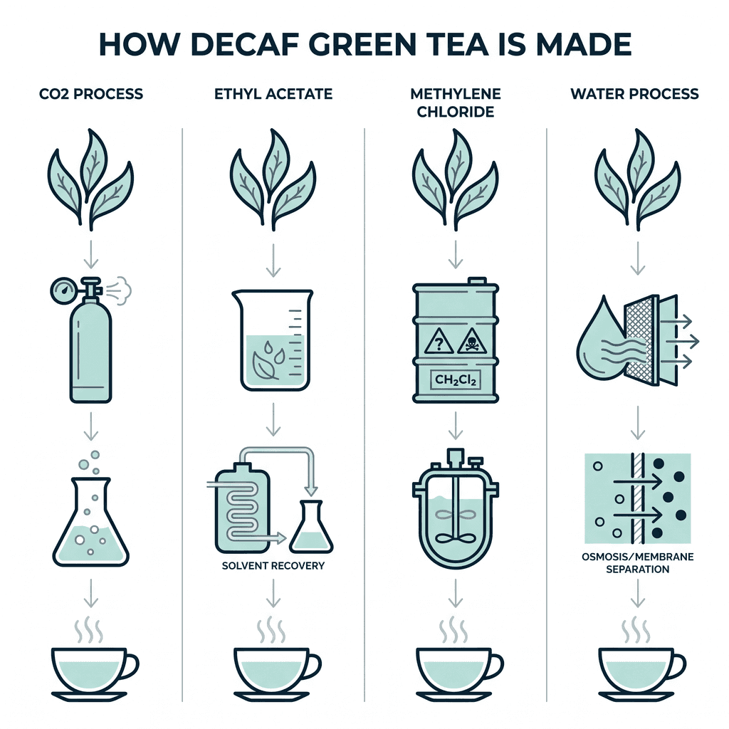 Diagram of four decaffeination process columns for tea: CO2 processing, ethyl acetate, methylene chloride, and water processing, each flowing from tea leaves to a finished cup.