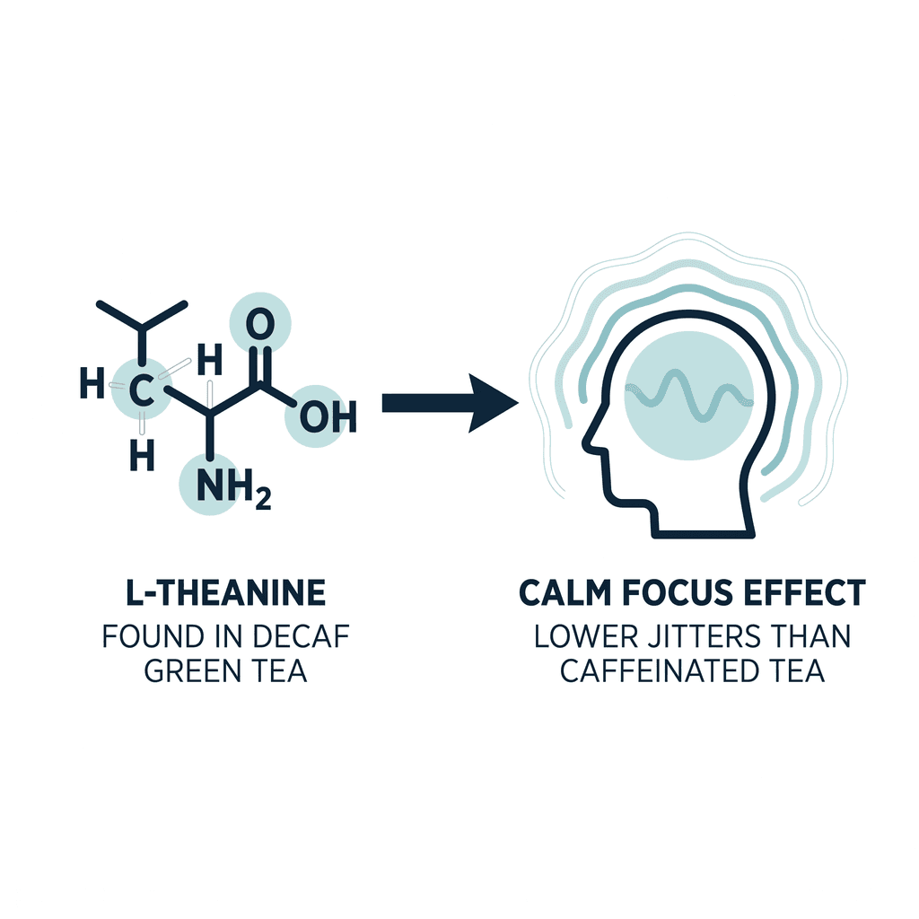 Diagram showing L-theanine, an amino acid found in decaf green tea, producing a calm focus effect with lower jitters than caffeinated tea.
