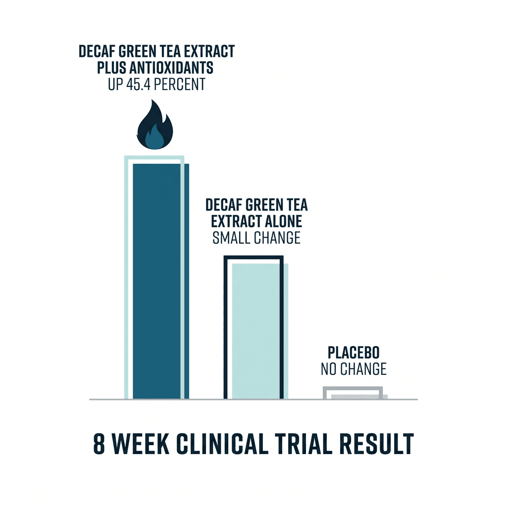Bar chart of an 8-week clinical trial result showing decaffeinated green tea extract plus antioxidants raised maximal fat oxidation 45.4 percent, decaffeinated green tea extract alone showed a small change, and placebo showed no change.