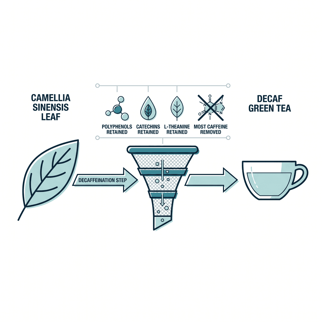 Diagram showing a Camellia sinensis leaf flowing through a decaffeination step into a cup of decaf green tea, with polyphenols, catechins, and L-theanine retained and most caffeine removed.