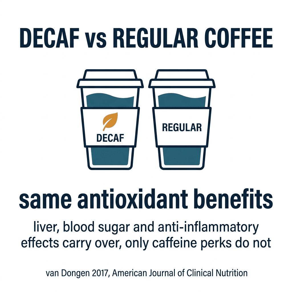 Decaf coffee versus regular coffee benefits infographic: two coffee cups compared, showing decaf coffee keeps the same antioxidant benefits for the liver, blood sugar and inflammation, with only the caffeine perks lost (van Dongen 2017, American Journal of Clinical Nutrition).