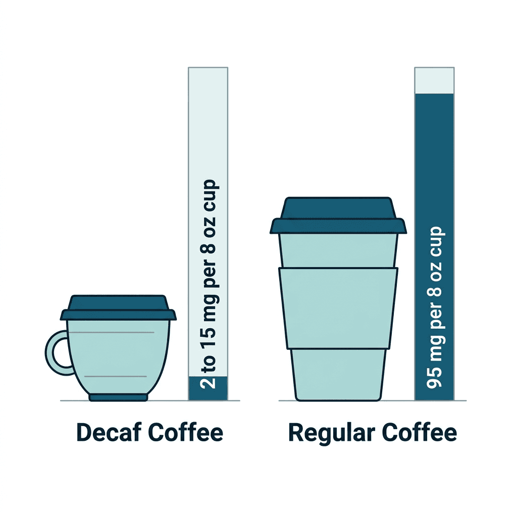 Two coffee cups compared side by side: decaf coffee holds 2 to 15 milligrams of caffeine per 8-ounce cup, while regular coffee holds 95 milligrams per 8-ounce cup.
