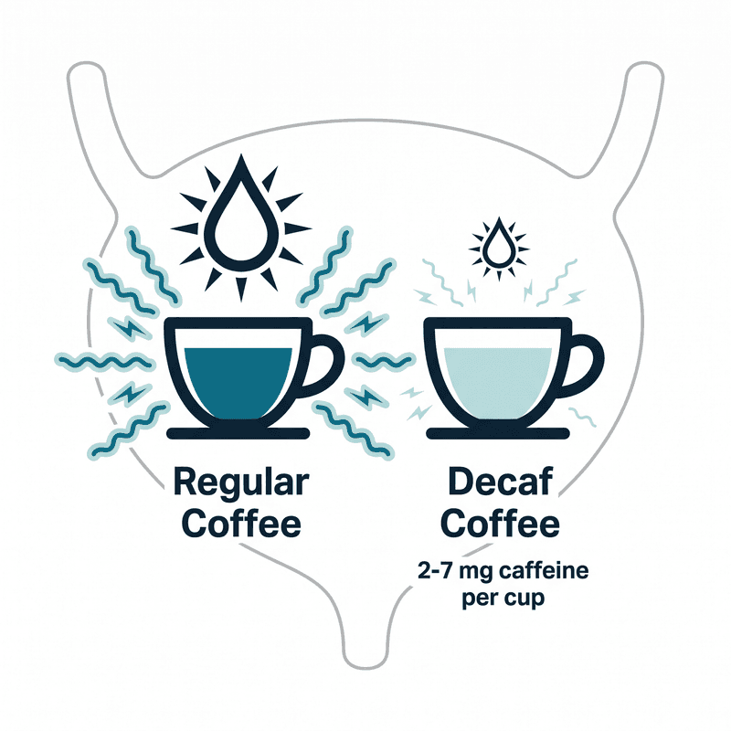 Diagram comparing regular coffee and decaf coffee irritation waves on a bladder outline, with decaf labeled 2 to 7 milligrams of caffeine per cup.