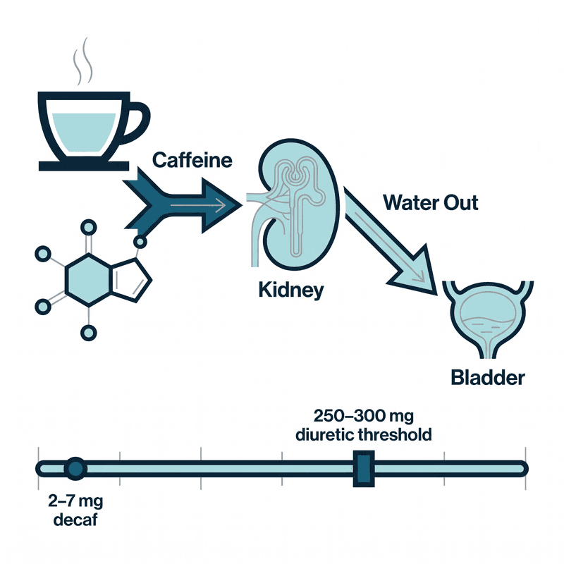 Diagram of caffeine moving from a coffee cup through the kidney and out to the bladder as water, with a scale showing decaf's 2 to 7 milligrams far below the 250 to 300 milligram diuretic threshold.