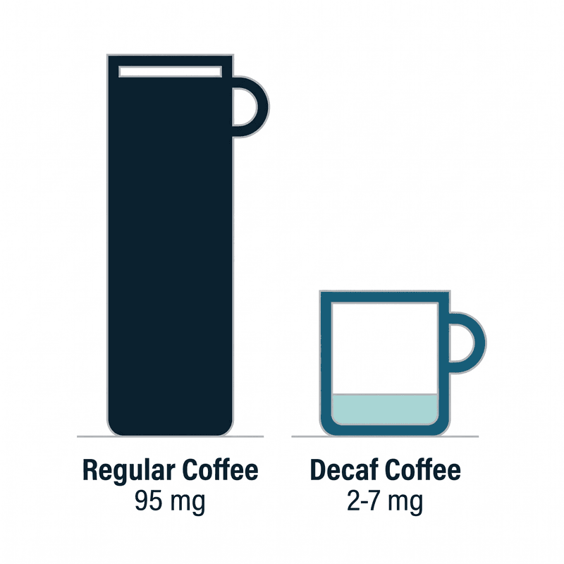 Bar chart comparing caffeine content: regular coffee at 95 milligrams per cup versus decaf coffee at 2 to 7 milligrams per cup.