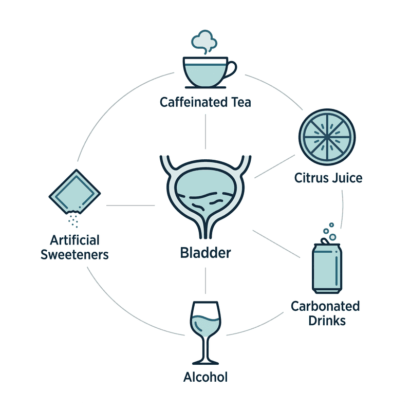 Diagram of a bladder icon surrounded by five other common bladder irritants: caffeinated tea, citrus juice, carbonated drinks, alcohol, and artificial sweeteners.