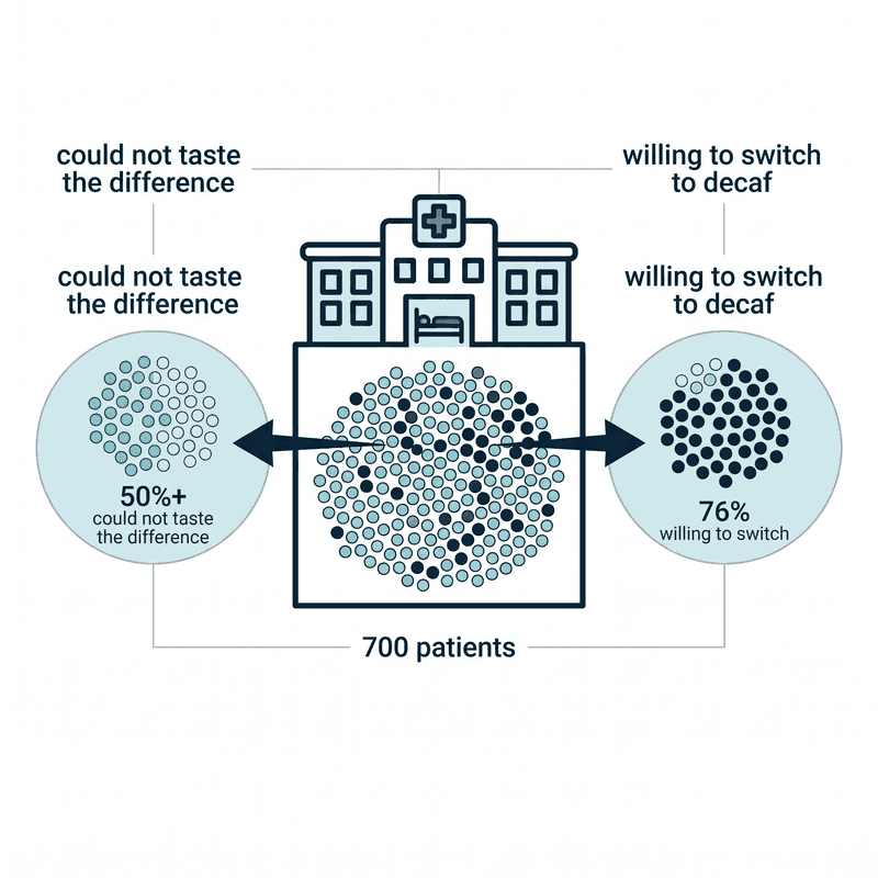Diagram of a hospital's Taste the Difference Challenge with 700 patients, showing over 50 percent could not taste the difference between decaf and caffeinated drinks and 76 percent were willing to switch to decaf.