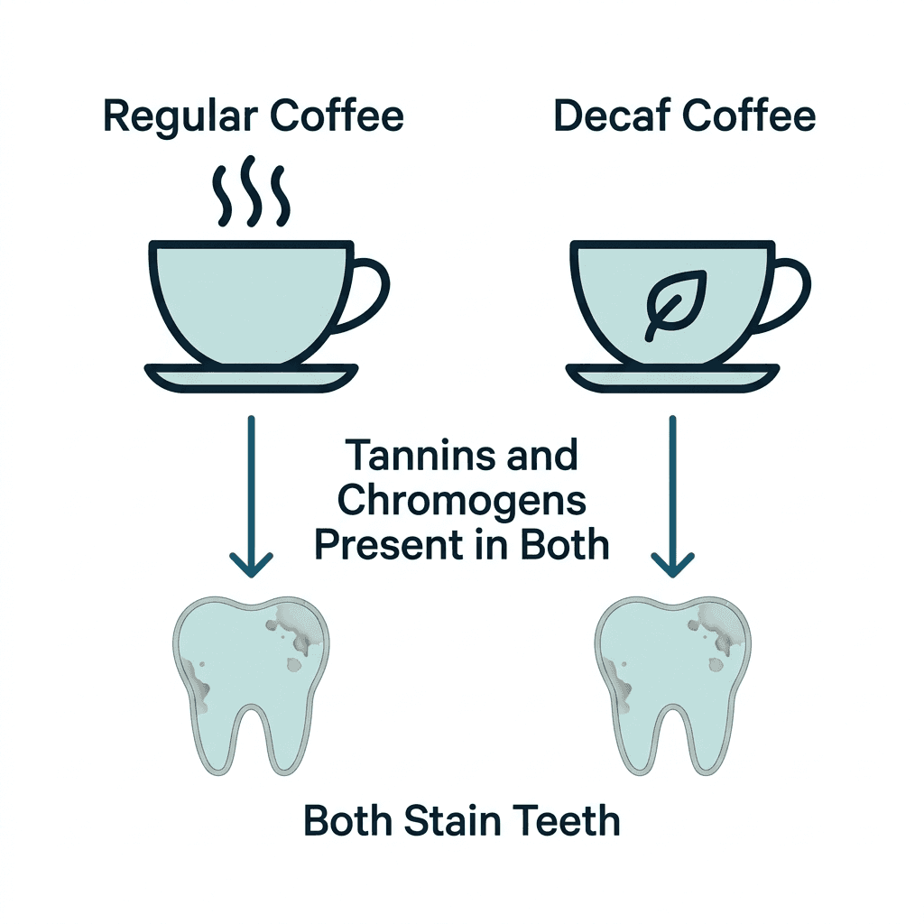 Diagram comparing a regular coffee cup and a decaf coffee cup, both with arrows to a stained tooth icon, labeled tannins and chromogens present in both, both stain teeth.