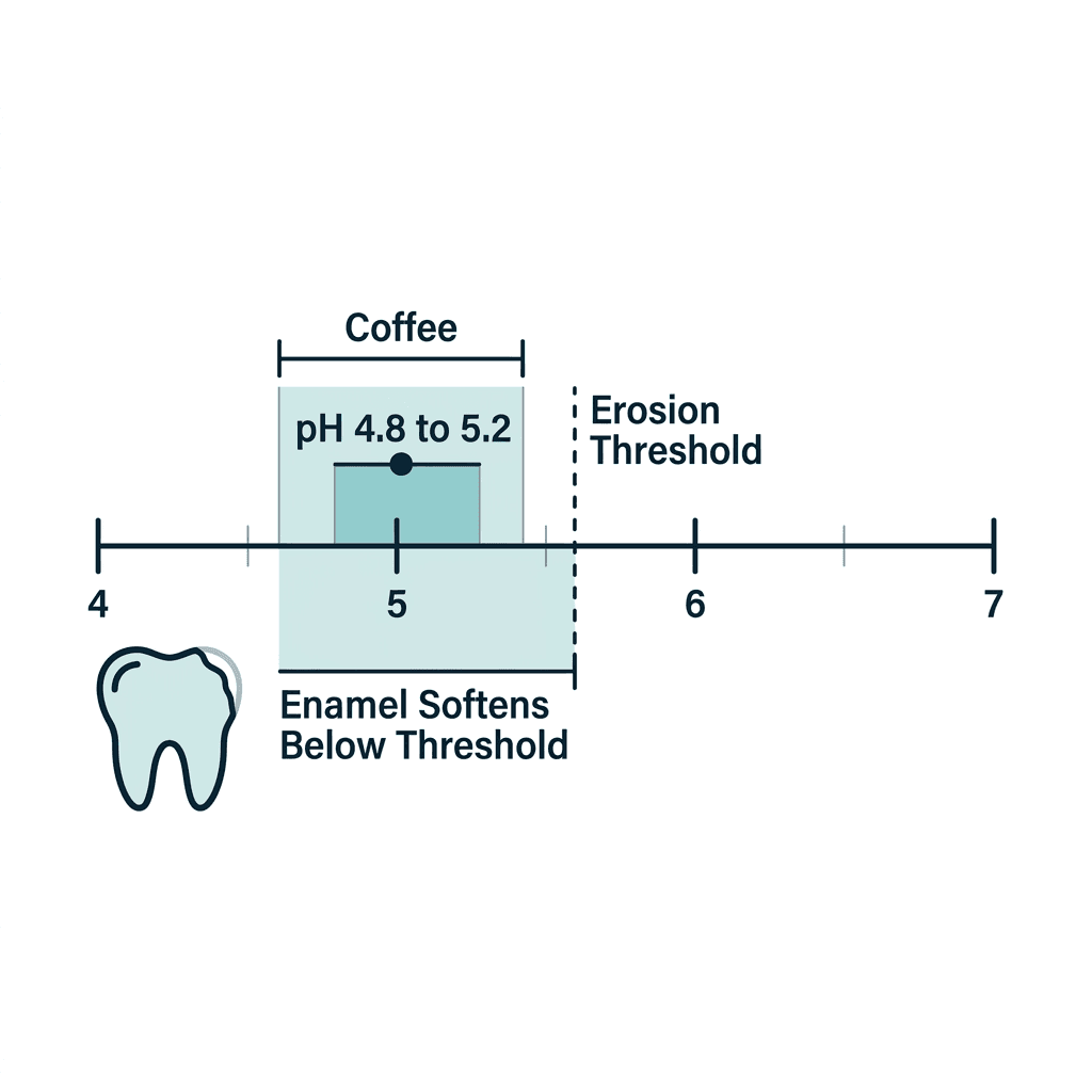 pH scale diagram showing coffee at pH 4.8 to 5.2 against a dashed erosion threshold line at pH 5.5, with a tooth icon showing enamel softening below the threshold.