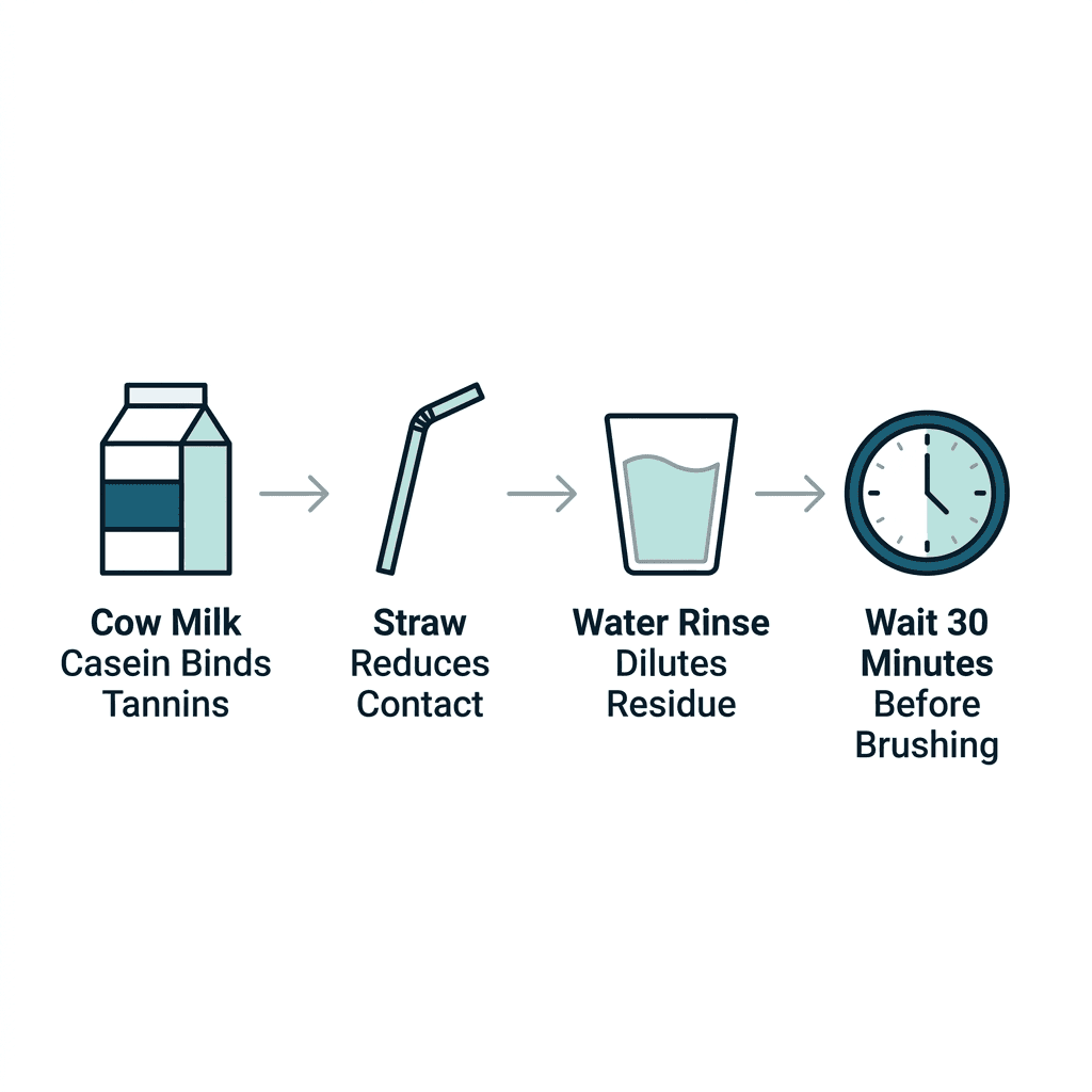 Four-step diagram showing cow milk casein binding tannins, a straw reducing contact, a water rinse diluting residue, and waiting 30 minutes before brushing.