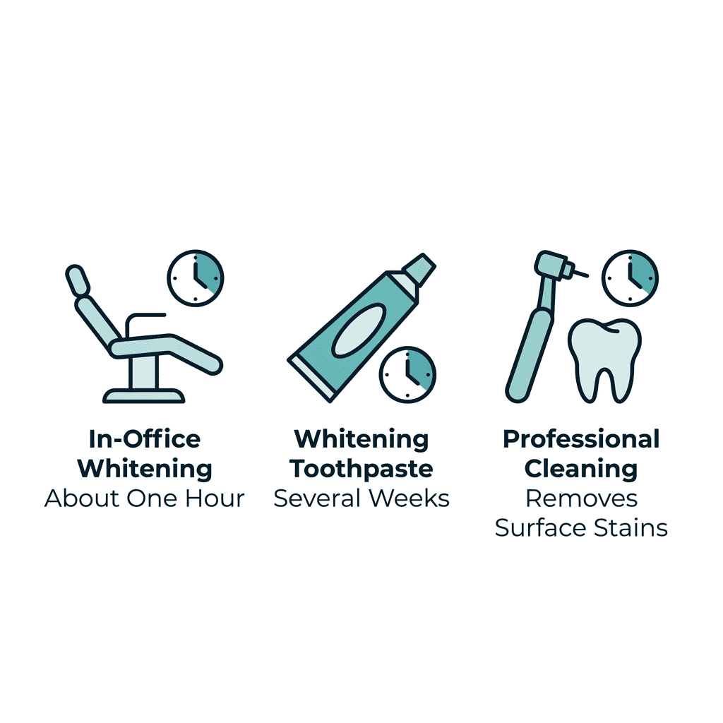 Three-icon diagram comparing in-office whitening at about one hour, whitening toothpaste over several weeks, and professional cleaning that removes surface stains.