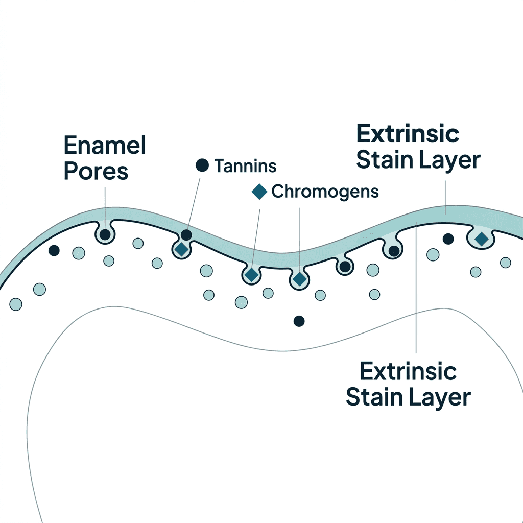 Cross section diagram of tooth enamel pores with tannins and chromogens lodging into them and forming an extrinsic stain layer on the surface.