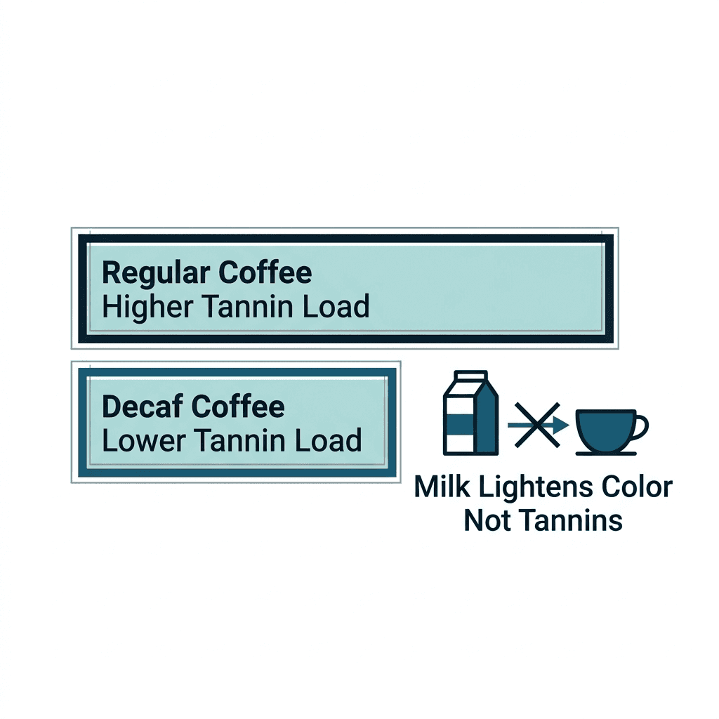 Bar comparison diagram showing regular coffee with a higher tannin load and decaf coffee with a lower tannin load, with a milk carton icon showing milk lightens color but not tannins.