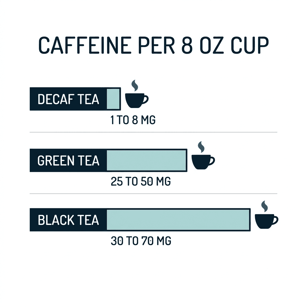 Three bar chart rows comparing caffeine per 8 ounce cup: decaf tea 1 to 8 milligrams, green tea 25 to 50 milligrams, and black tea 30 to 70 milligrams.