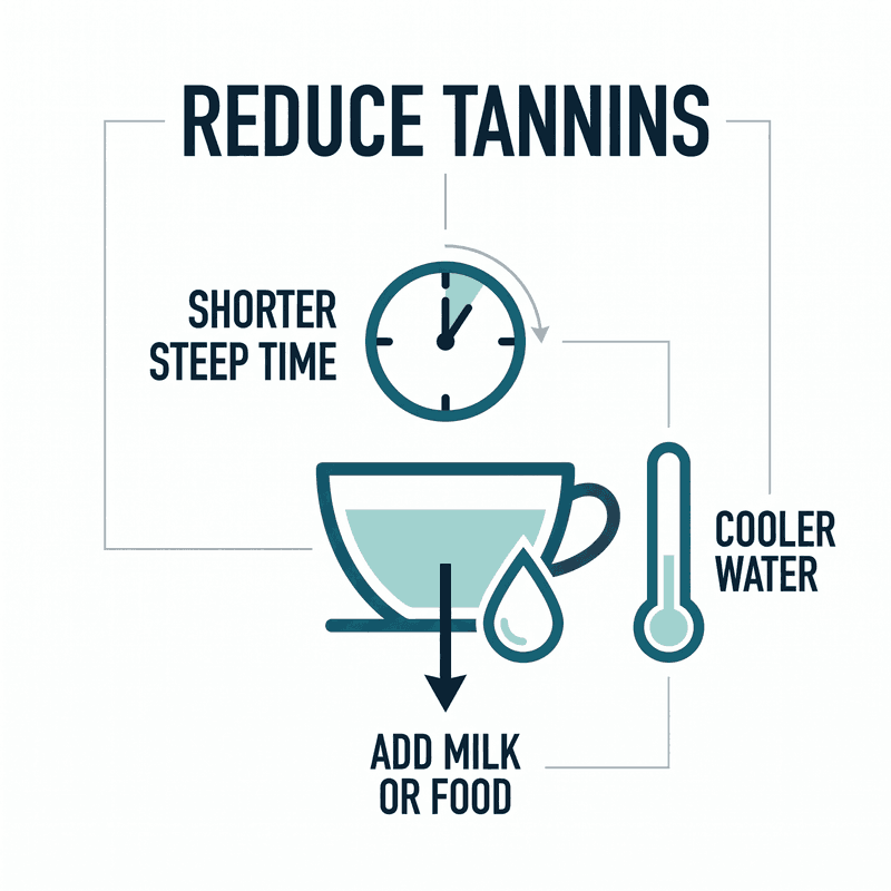 Diagram of a teacup showing three ways to reduce tannins: shorter steep time, cooler water, and adding milk or food.