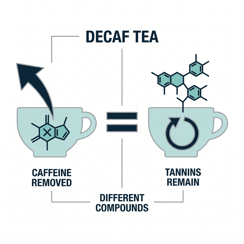 Diagram of a decaf tea cup showing caffeine removed by an arrow on the left while a tannin molecule cup on the right stays equal, labeled decaf tea, caffeine removed, tannins remain, different compounds.