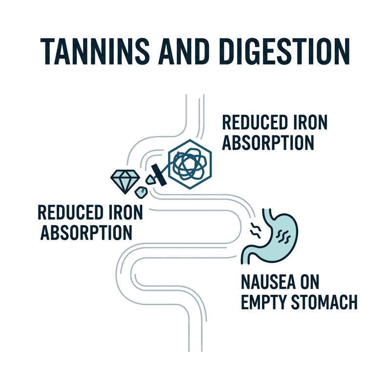 Digestive tract diagram showing tannins reducing iron absorption and causing nausea on an empty stomach.