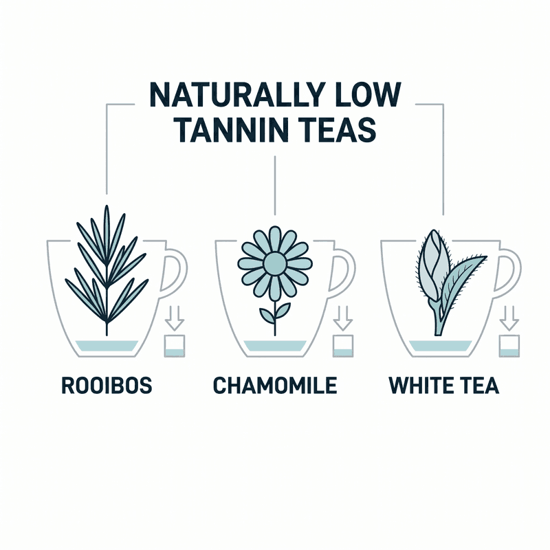 Three teacups showing naturally low tannin teas: rooibos, chamomile, and white tea.