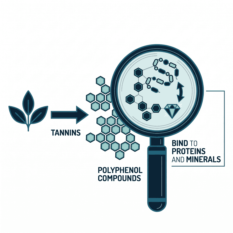 Diagram of a tea leaf with an arrow pointing to a cluster of polyphenol hexagon molecules under a magnifying glass, labeled tannins, polyphenol compounds, bind to proteins and minerals.