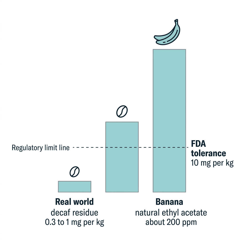 Bar chart comparing real-world decaf ethyl acetate residue of 0.3 to 1 mg per kg and the FDA tolerance of 10 mg per kg against a banana's natural ethyl acetate content of about 200 ppm.