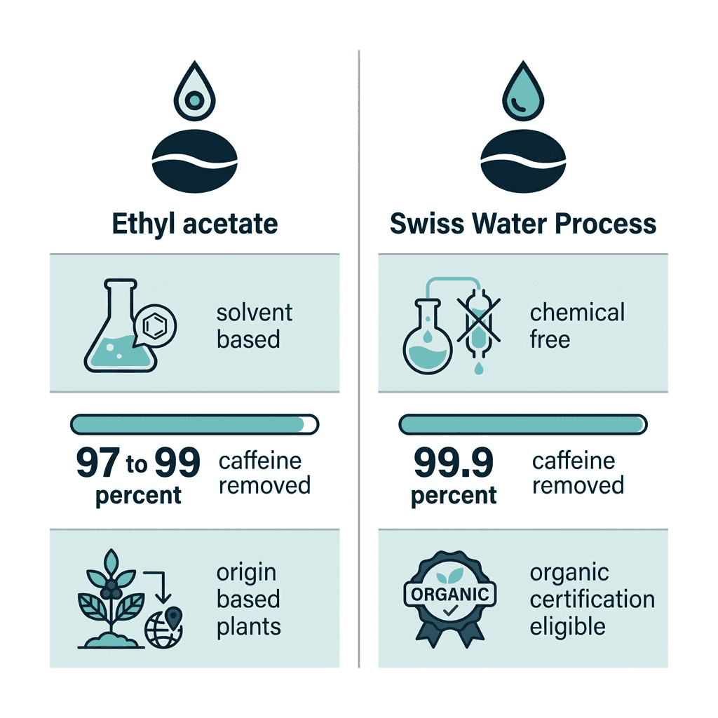 Side-by-side comparison of ethyl acetate decaffeination (solvent based, 97 to 99 percent caffeine removed, origin-based plants) and the Swiss Water Process (chemical free, 99.9 percent caffeine removed, organic certification eligible).