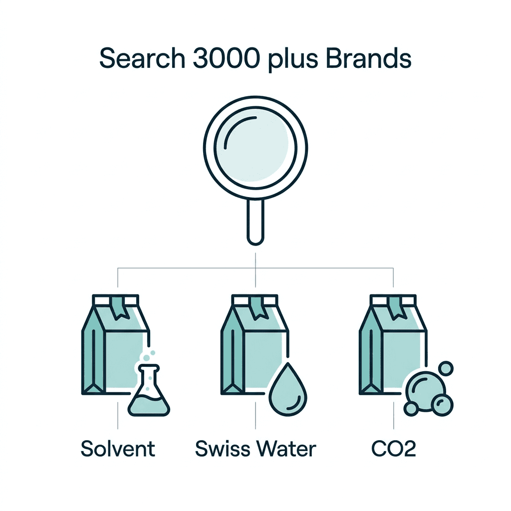 Diagram of a magnifying glass searching over three coffee bag icons tagged solvent, Swiss Water, and CO2, representing a search across over 3,000 brands.