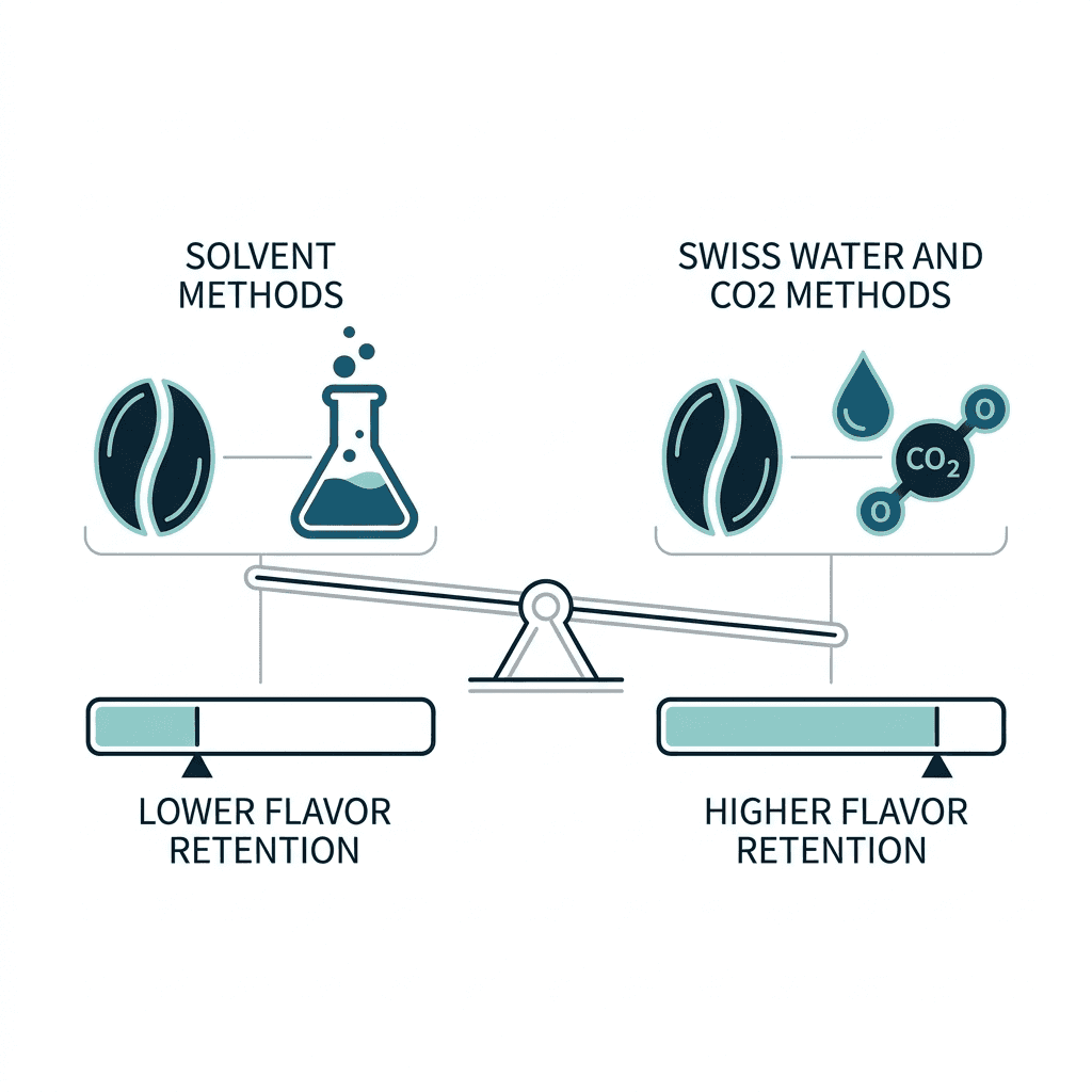 Comparison diagram showing solvent methods with lower flavor retention on one side and Swiss Water and CO2 methods with higher flavor retention on the other.